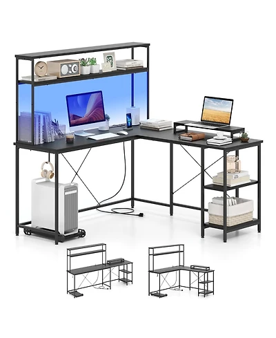 Gouun L-Shaped Gaming Desk with Led Lights and Hutch