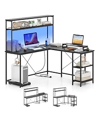 Gouun L-Shaped Gaming Desk with Led Lights and Hutch