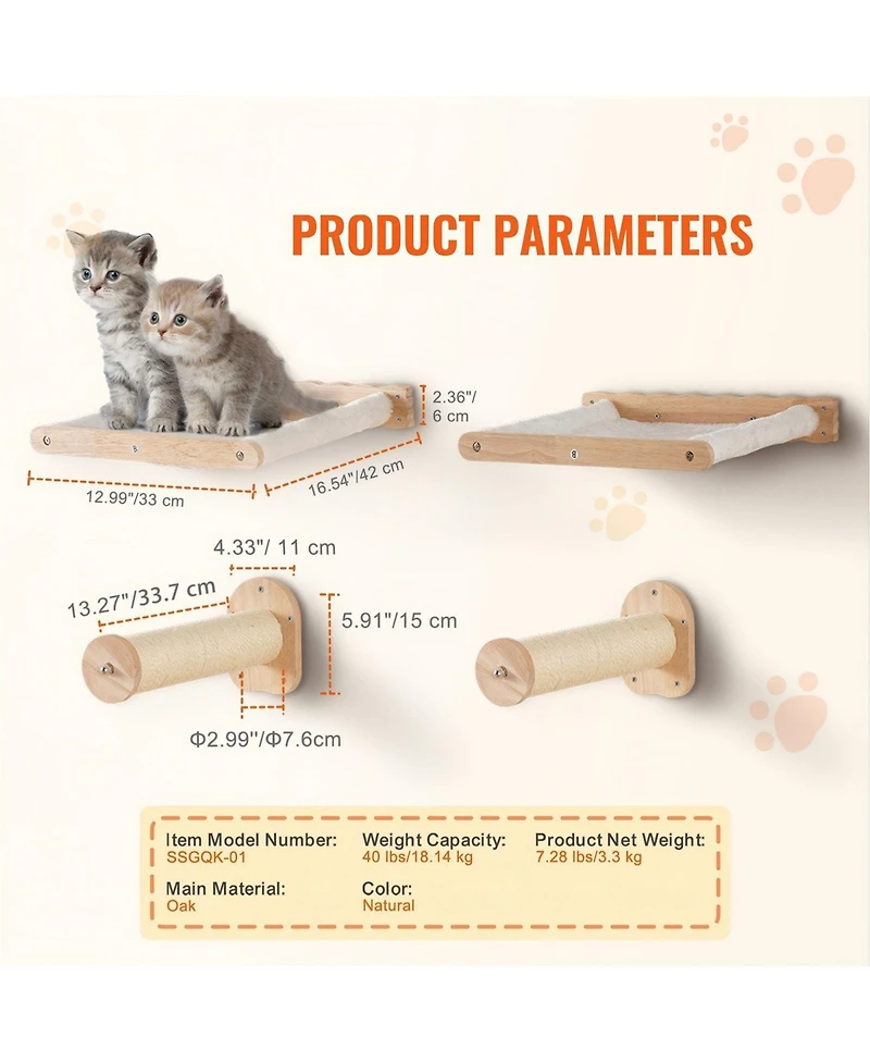 Gouun Wall Mounted Cat Shelves and Perches Set of 4 with Hammocks and Jumping Posts