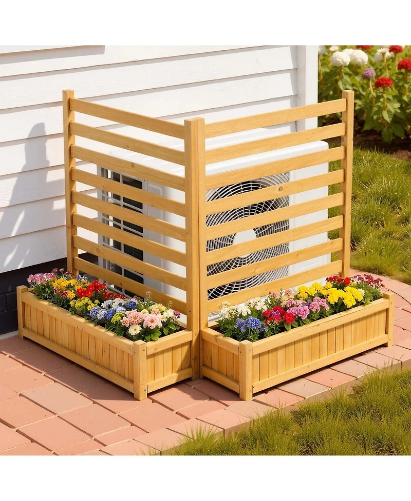 Gouun Wooden Privacy Fence with 2 Planters, 36 x 45 in Slatted Panel Outdoor Screen for Garden and Pool