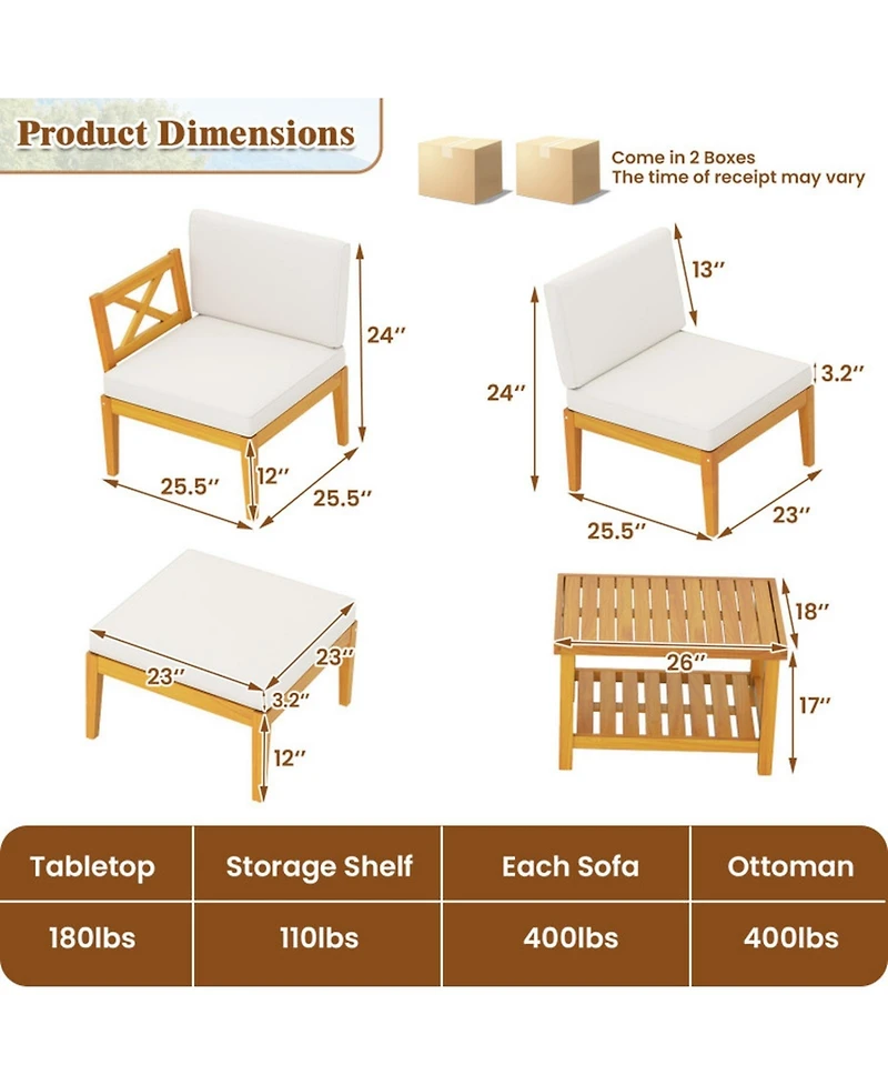 Gouun 5-Piece Acacia Wood Outdoor Conversation Set with 2-Tier Coffee Table and Cushions