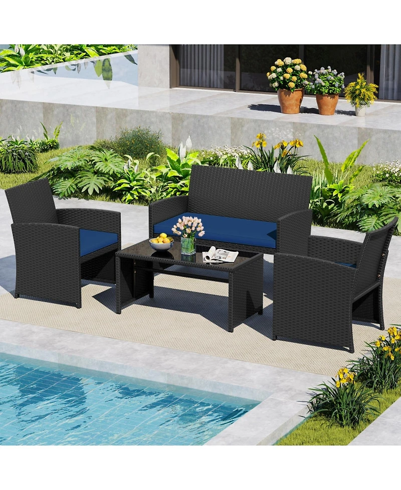 Gouun 4-Piece Rattan Patio Set with Loveseat, Chairs and Glass Coffee Table
