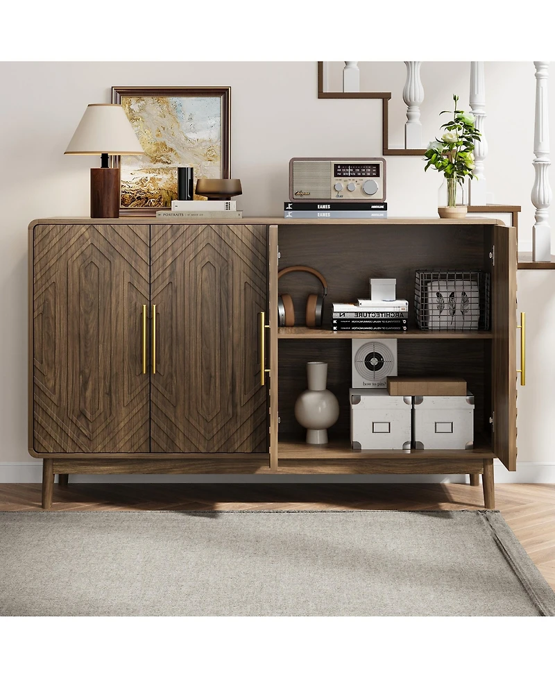 Clihome Sideboard Buffet Cabinet With Storage, Carved 4 Door Sideboard, With Adjustable Layer Board