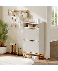 Homfan Fluted Shoe Cabinet with 2 Flip Drawers, Open Shelf and Metal Legs, Slim Entryway Storage for Hallway and Foyer