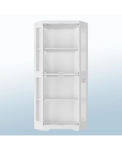 gaomon Modern Glass Corner Display Cabinet – 4 Tiers, Glass Doors, 3-Color Led Lighting, Motion Detector, Charging Ports