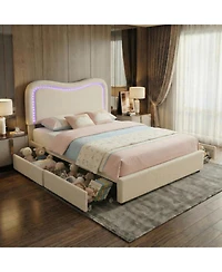 gaomon Twin Boucle Bed Frame with 2 Storage Drawers and Led Headboard, Upholstered Platform for Kids