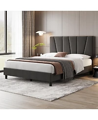 gaomon Linen Upholstered Platform Bed, Height Adjustable Tailored Headboard, Classic Bedroom Style