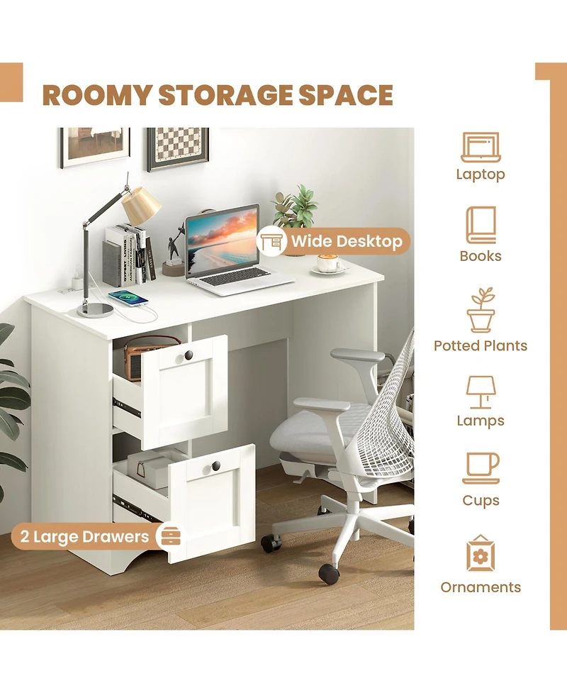 Gouun Computer Desk with 2 Drawers and Power Outlets