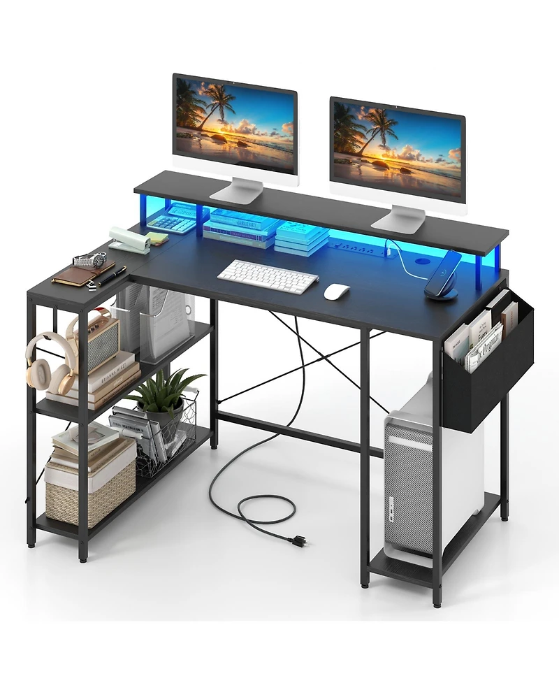 Gouun L-Shaped Gaming Desk with Led Lights and Power Outlets