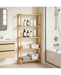homfan 5-Tier Wide Bamboo Shelf Narrow Bathroom Shelf with Slatted Shelves Wood Plant Stand Standing Towel Rack Corner Rack