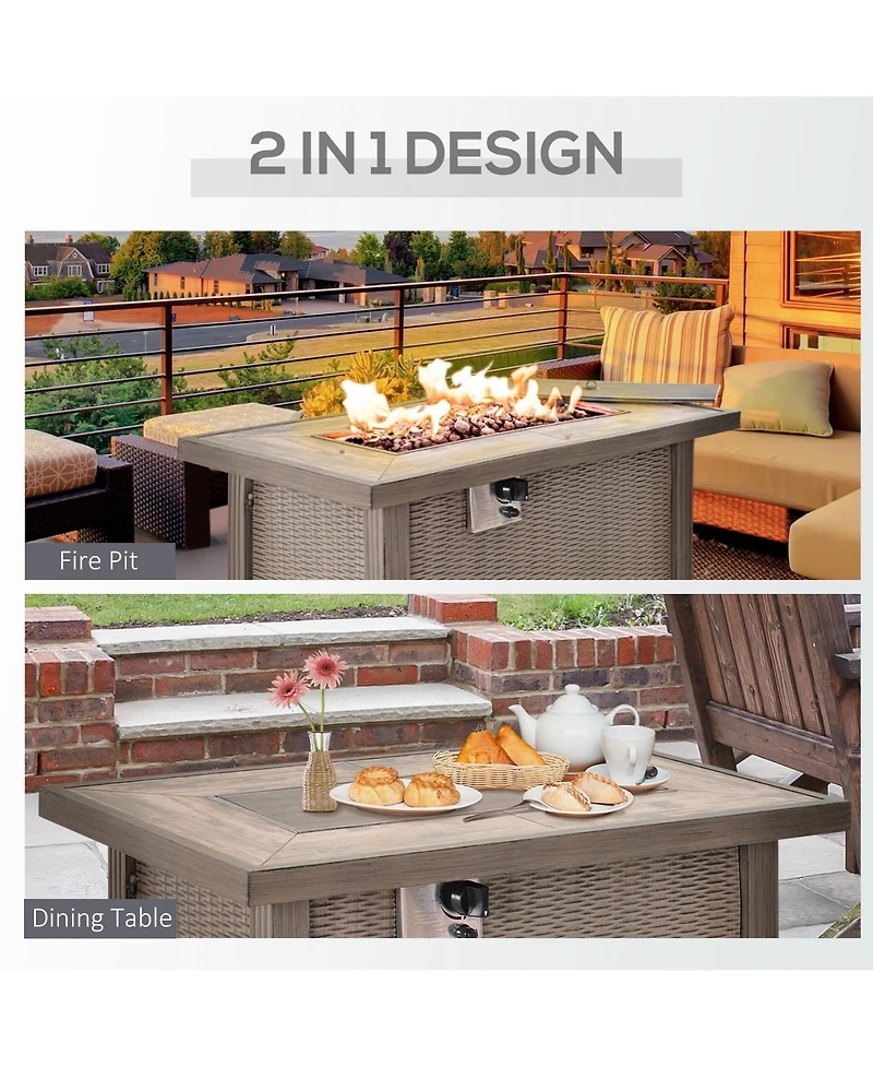Outsunny 42" Propane Fire Pit Table, 50,000 Btu Wicker-effect Auto-Ignition Gas Fireplace Fire Pits with Ceramic Tabletop, Steel Base, Lid, Lava Rocks