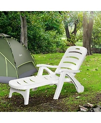 Outsunny Folding Chaise Lounge Chair on Wheels, Lightweight Plastic Patio Sun Recliner with 5 Position Backrest for Beach & Pool, White