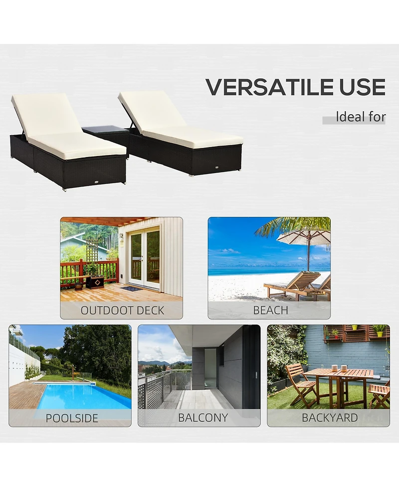 Outsunny Wicker Patio Lounge Chair Set, Outdoor Chaise Lounge Sets w/ 5-Level Angles Adjust Backrest, Thick Cushions, & Matching Table, for Pool Side,