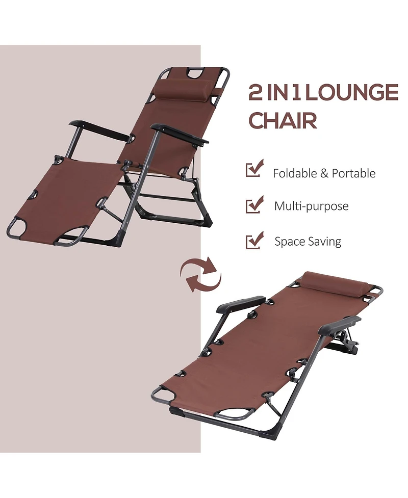 Outsunny 2-in-1 Folding Patio Lounge Chair w/ Pillow, Outdoor Portable Sun Lounger Reclining to 120°/180°, Oxford Fabric, Brown