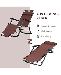 Outsunny 2-in-1 Folding Patio Lounge Chair w/ Pillow, Outdoor Portable Sun Lounger Reclining to 120°/180°, Oxford Fabric, Brown