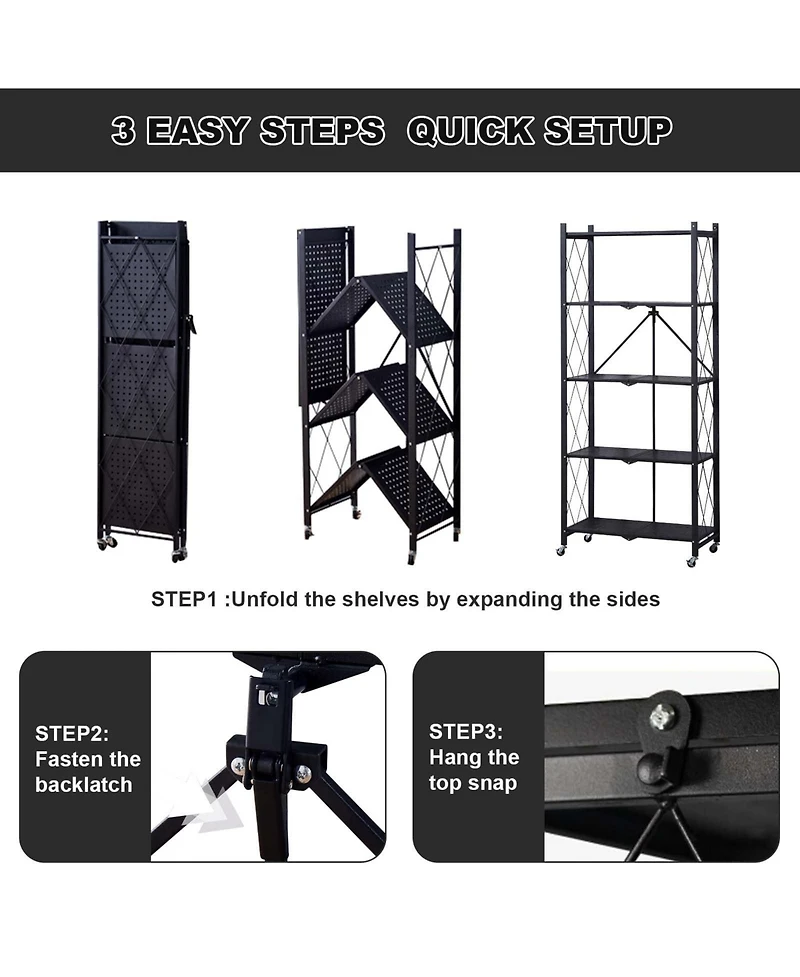 Homfan 5-Tier Foldable Metal Storage Cart with Wheels - Rolling Utility Shelf, for Bathroom, Laundry Room