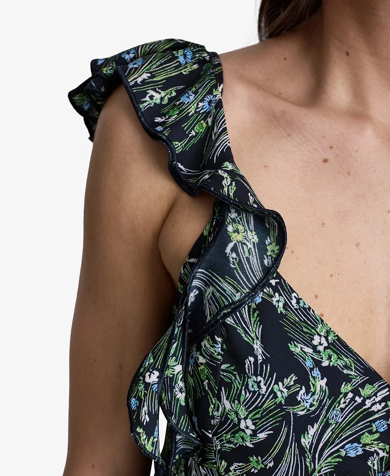 Bcbg Women's Floral Print Ruffled V-Neck Top