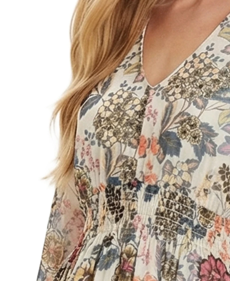 Ny Collection Women's Long-Sleeve Clip Dot Chiffon Dress with Smocked Waist and Cuffs