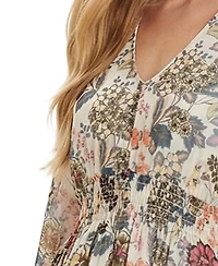 Ny Collection Women's Long-Sleeve Clip Dot Chiffon Dress with Smocked Waist and Cuffs