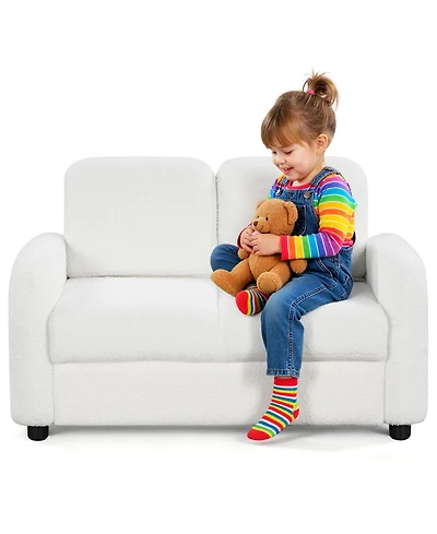 Gouun 2-Seat Kids Sofa with Teddy Fleece Upholstery and Solid Wood Frame