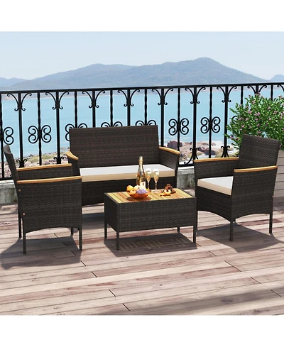 Clihome 4 Piece Patio Wicker Sofa Set 2 Rattan Chairs and Loveseat with Table