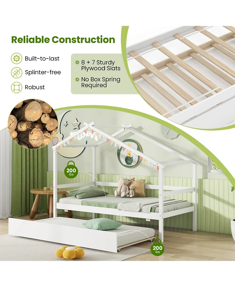 Gymax Twin House Bed w/ Trundle w/ Roof and Fence Rails Wooden Platform Bed Frame
