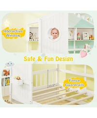 Gymax House Bed Kids Bed Frame w/ 2 Storage Drawers & Fence Guardrails