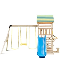 Slickblue Outdoor Wooden Swing Set with Slide, Deck and Steering Wheel
