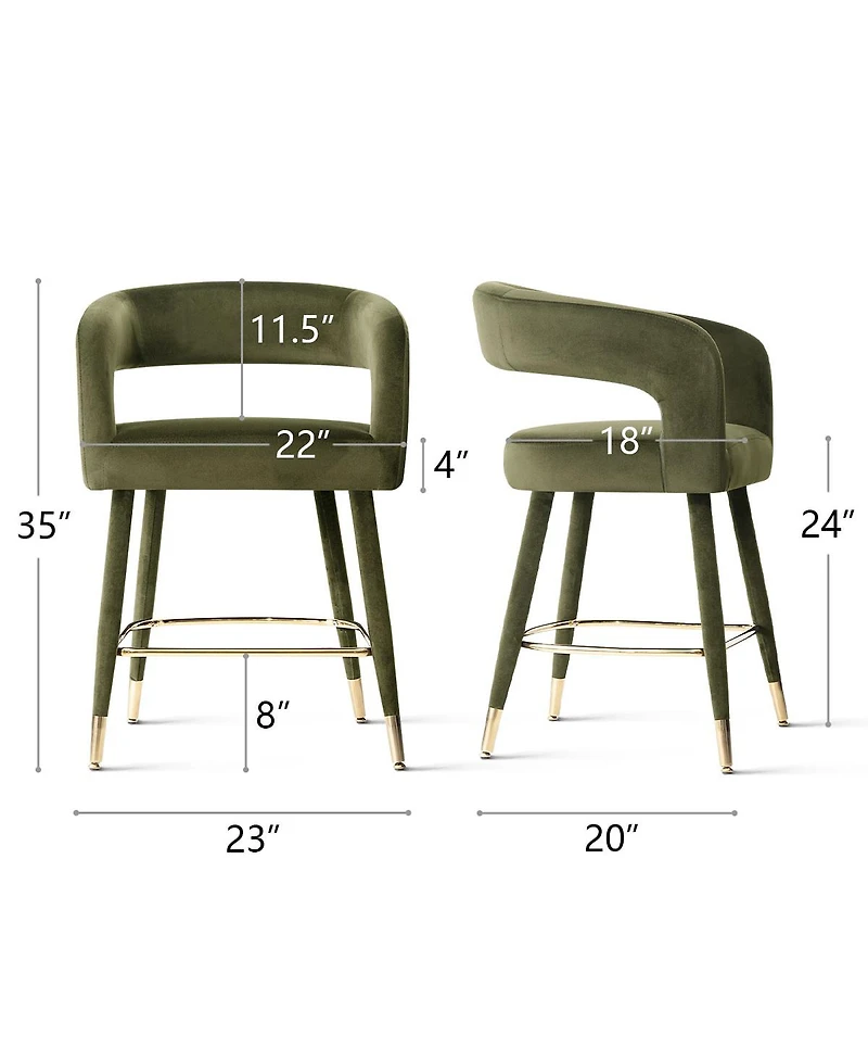 Maison Boucle 24" Velvet Counter Height Bar Stool with Arms, Gold Footrest, 1 Pc