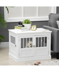 Aostirmotor Dog Crate End Table with Triple Doors, Wooden Indoor Puppy Kennel with Steel Tubes for Small Dogs