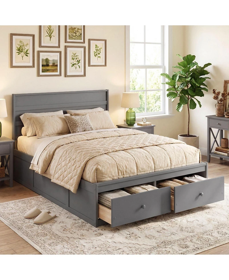 Gymax Full Bed Frame w/Storage Drawers Headboard Wooden Slat Support