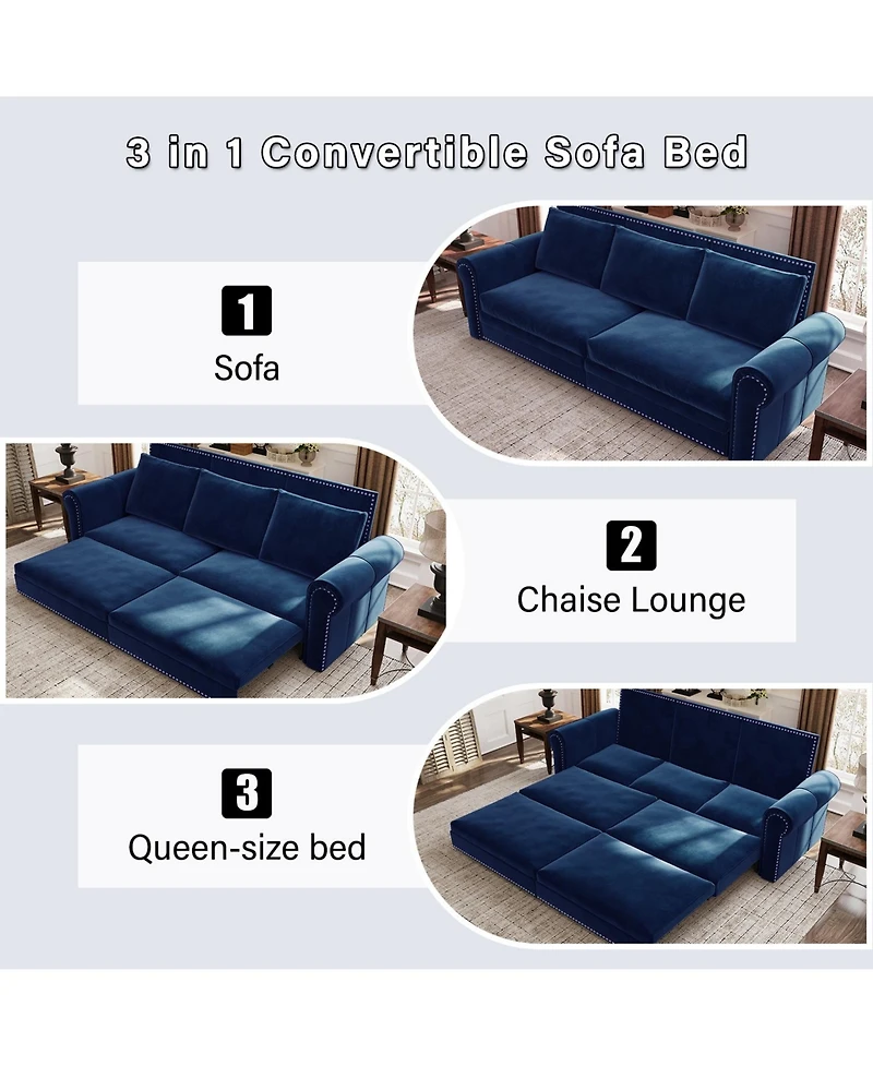 Streamdale Furniture Chesterfield Velvet Pull Out Sofa Bed, Nailhead Trim