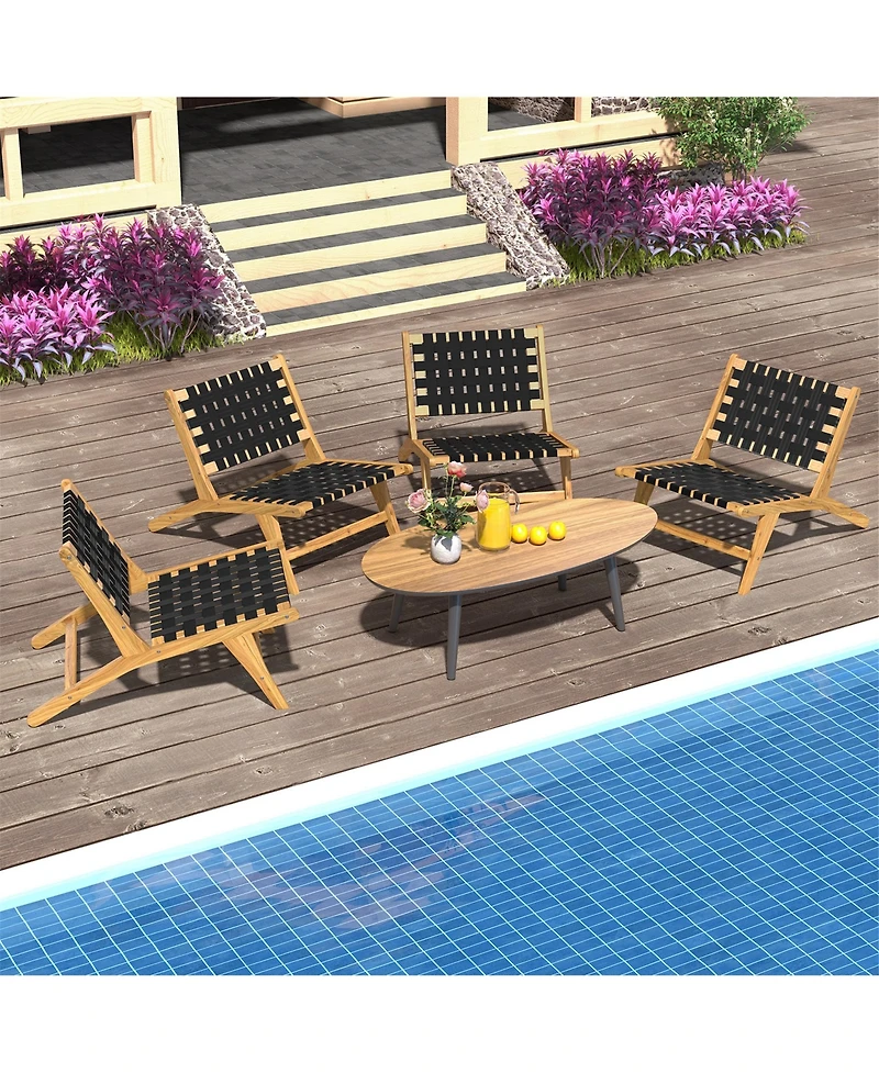 Gymax Teak Wooden Chair w/ Woven Webbing Seat and Backrest for Patio Mid Century Modern