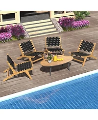 Gymax Teak Wooden Chair w/ Woven Webbing Seat and Backrest for Patio Mid Century Modern