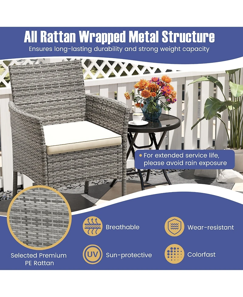 Gymax Outdoor Pe Wicker Chairs Set of 2 Patio Dining Armchairs w/ Padded Cushions