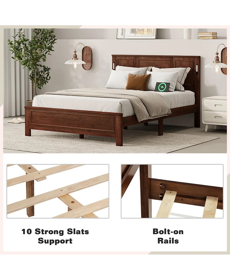 Streamdale Furniture Queen Led Usb Pinewood Bed w/ Tall Headboard