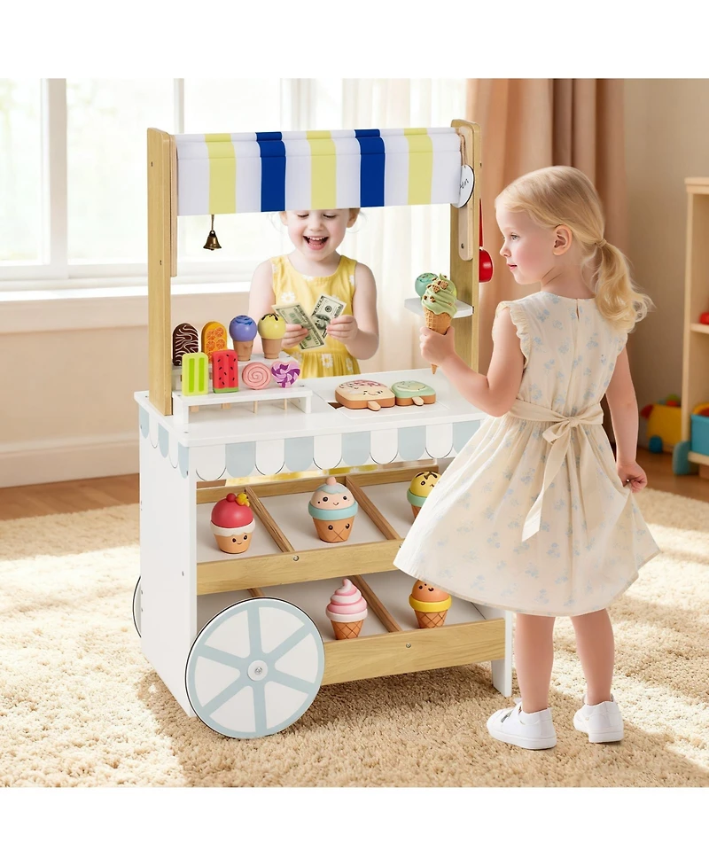 Slickblue Kids 2-in-1 Wooden Ice Cream Cart Grocery Store Playset Shelves