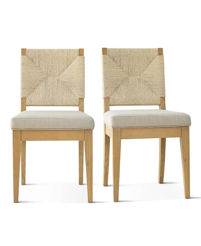 Maison Boucle Woven Rope Back Linen Upholstered Solid Wood Dining Chairs, Set of 2