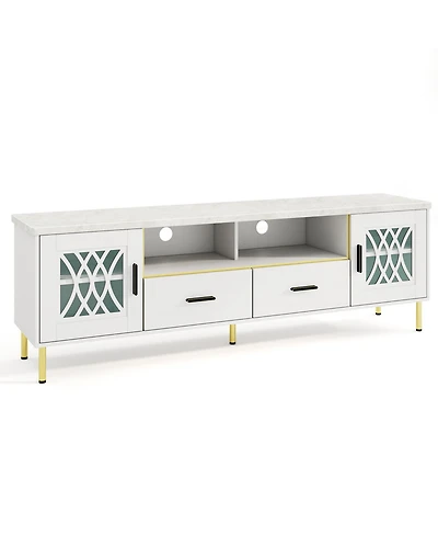 Gouun Faux Marble Top 71-Inch Tv Stand with Glass Doors and Gold Legs