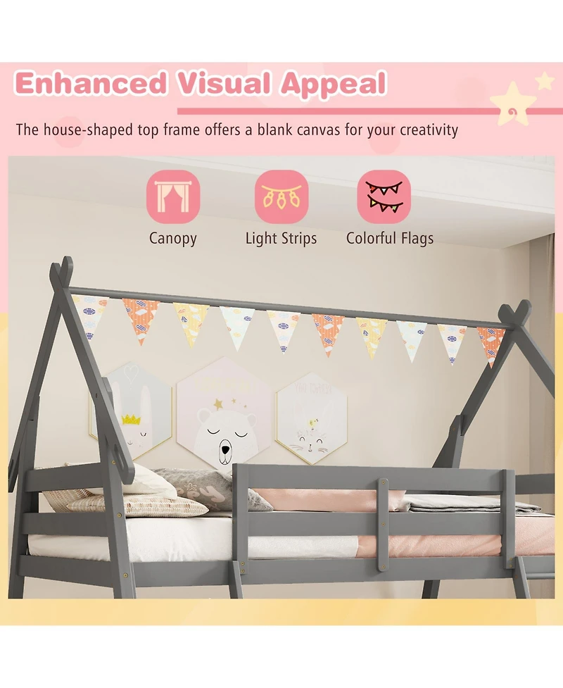 Sugift Twin Over Queen Wooden Bunk Bed with Climbing Net and Ramp