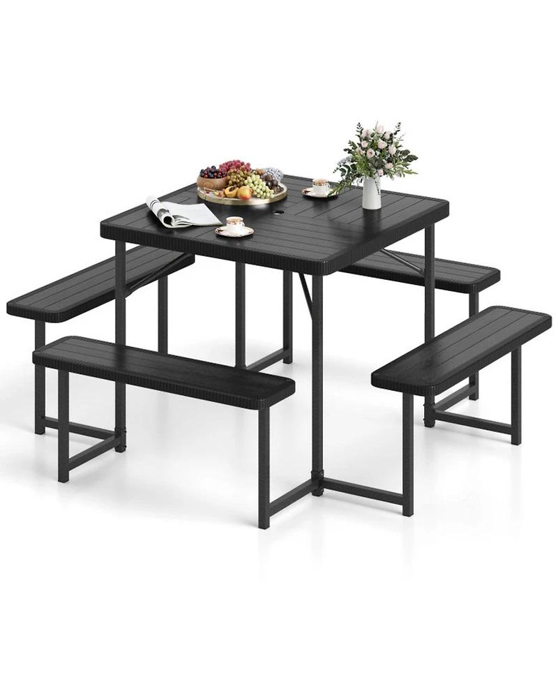 Gouun Square Outdoor Picnic Table Bench Set for 4-8 People with Hdpe Top and Umbrella Hole