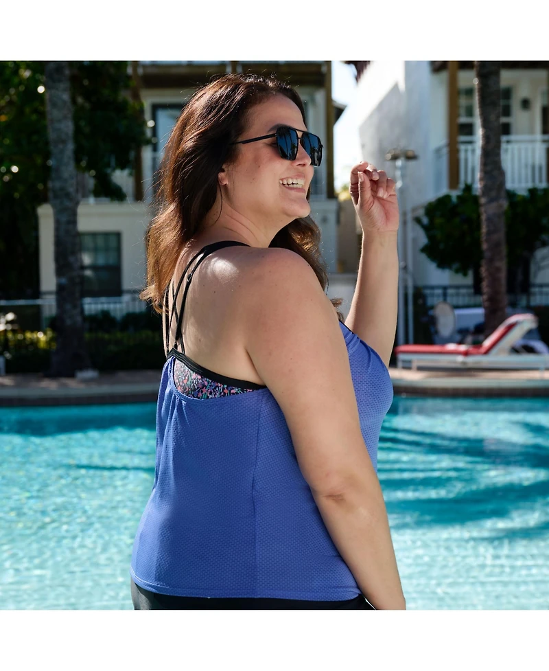 Free Country Plus Textured Mesh Side Tie Blouson Tankini Top
