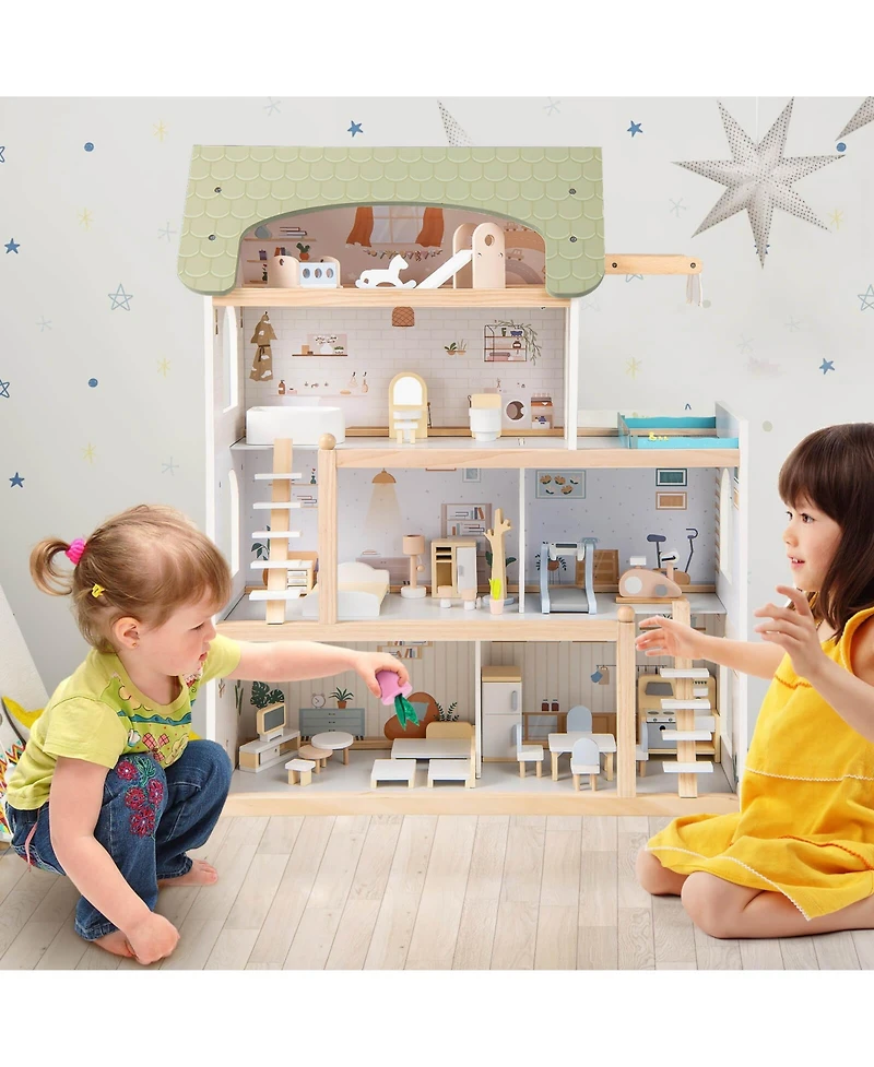 Costway Kids Wooden Dollhouse 4-Story Modern Doll House with 33Pcs Furniture Accessories