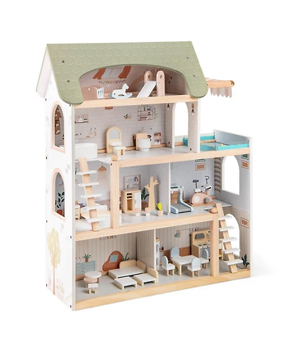 Costway Kids Wooden Dollhouse 4-Story Modern Doll House with 33Pcs Furniture Accessories