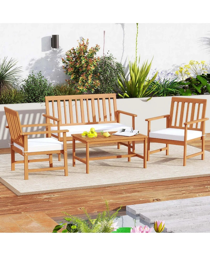 Costway Acacia Wood Furniture Set Coffee Table & 2 Armchairs with Seat Cushions