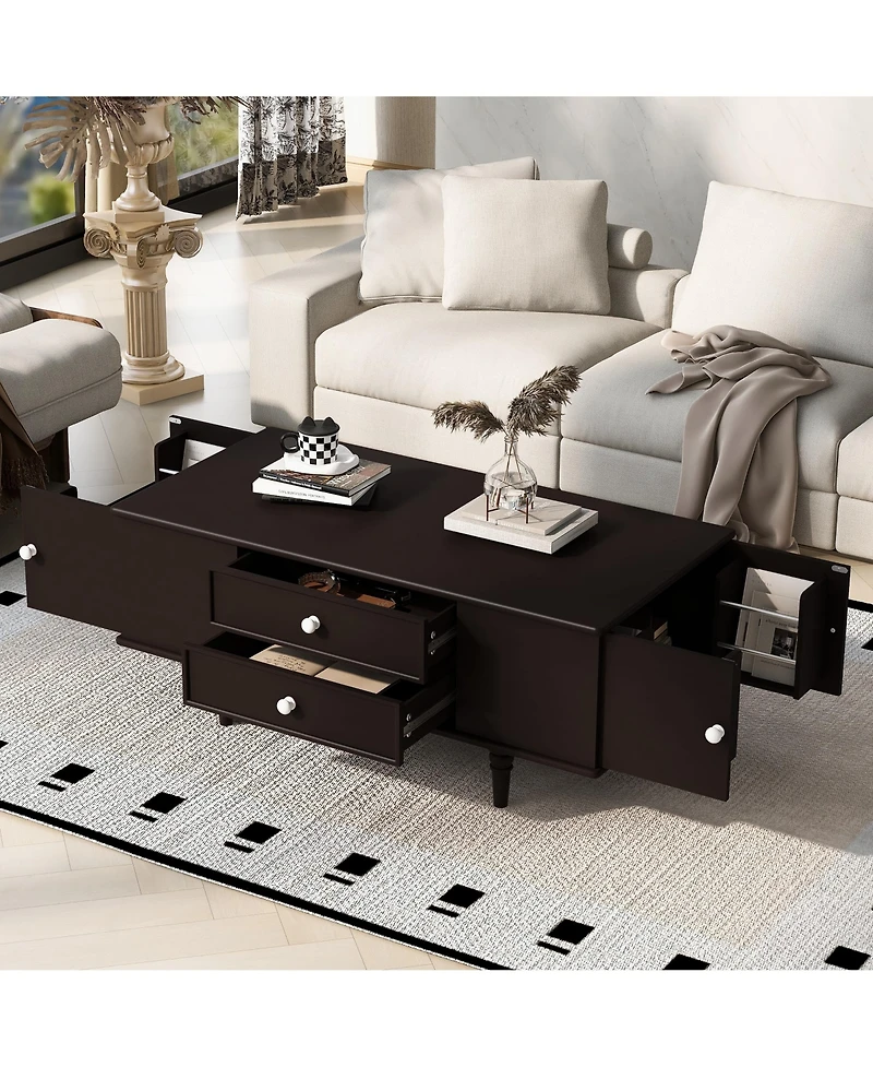 Rainsken 47.2" Modern Wooden Rectangular Coffee Table, Center Table with 4 Drawers and 2 Side Hidden Storage Compartments for Living Room