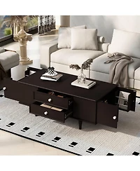 Rainsken 47.2" Modern Wooden Rectangular Coffee Table, Center Table with 4 Drawers and 2 Side Hidden Storage Compartments for Living Room