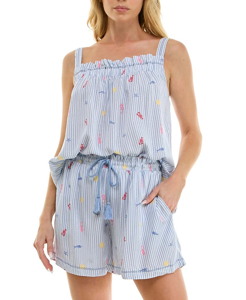 Roudelain Women's Printed Top and Mid-Rise Shorts, 2Pc Set