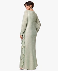 Betsy & Adam Plus Long-Sleeve V-Neck Metallic Dress