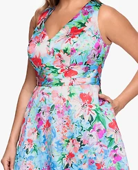 Betsy & Adam Plus Floral Print V-Neck Sleeveless Gown